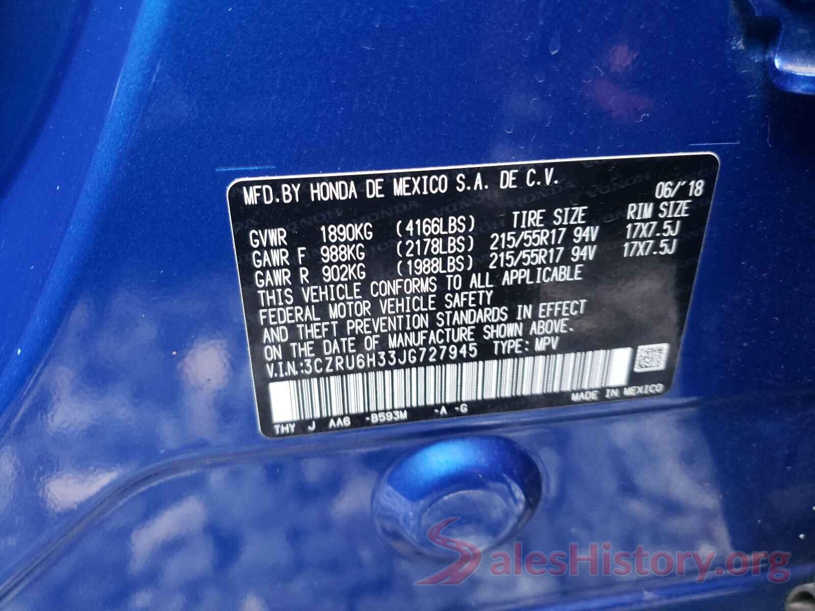 3CZRU6H33JG727945 2018 HONDA HR-V