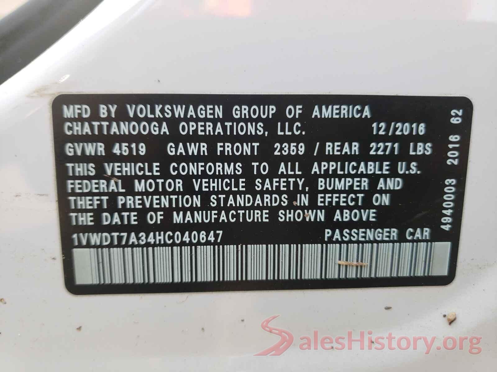 1VWDT7A34HC040647 2017 VOLKSWAGEN PASSAT