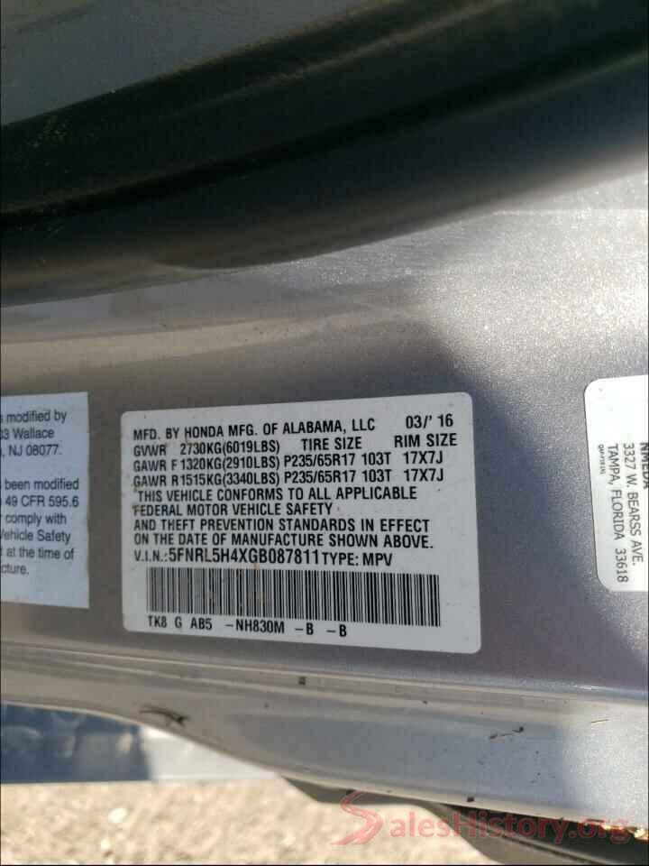 5FNRL5H4XGB087811 2016 HONDA ODYSSEY