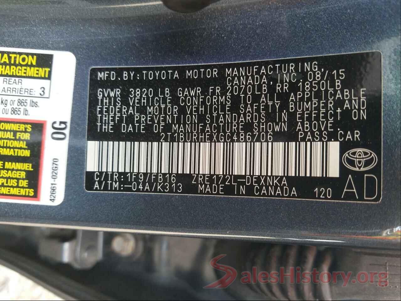 2T1BURHEXGC486706 2016 TOYOTA COROLLA