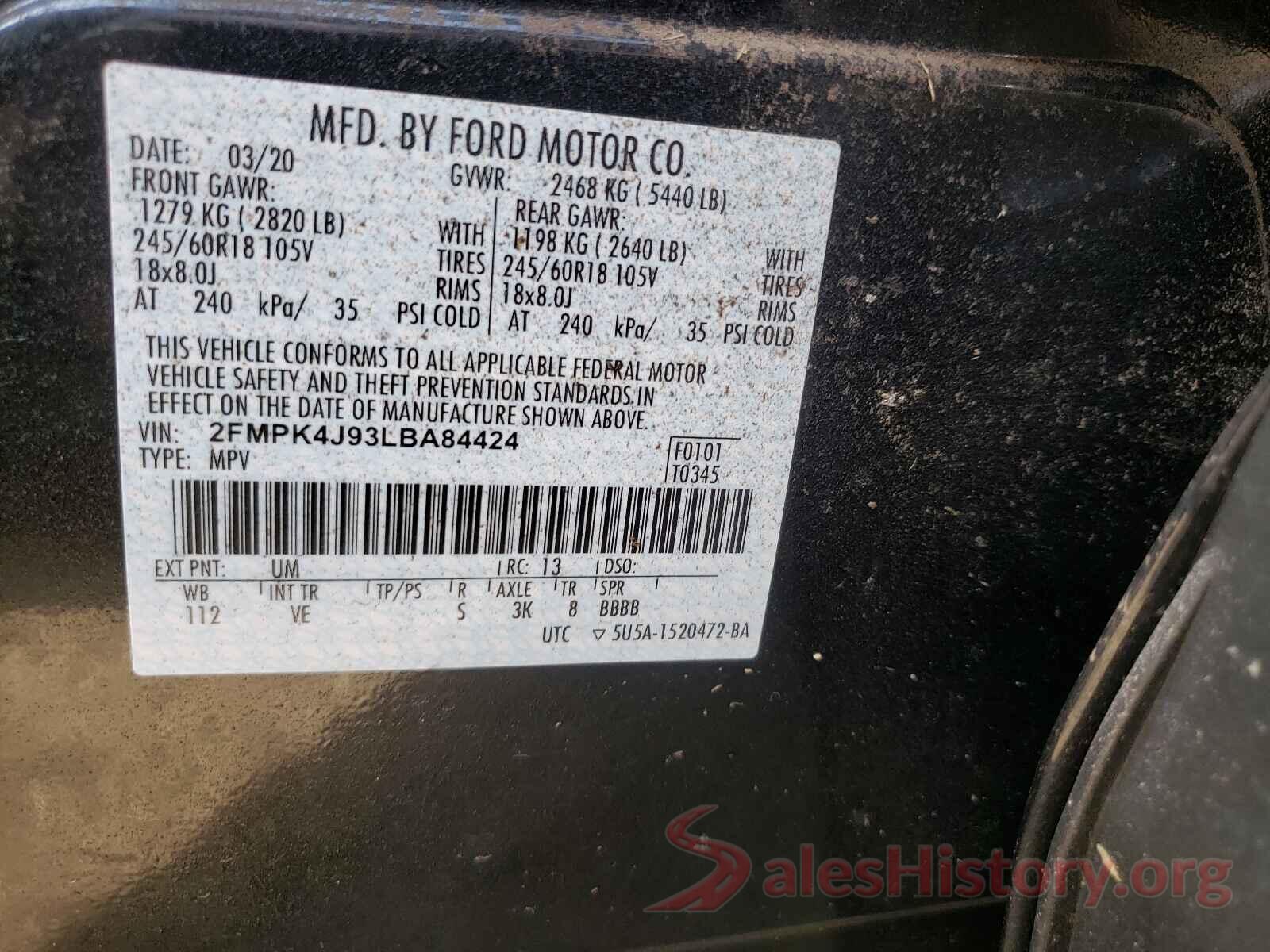 2FMPK4J93LBA84424 2020 FORD EDGE