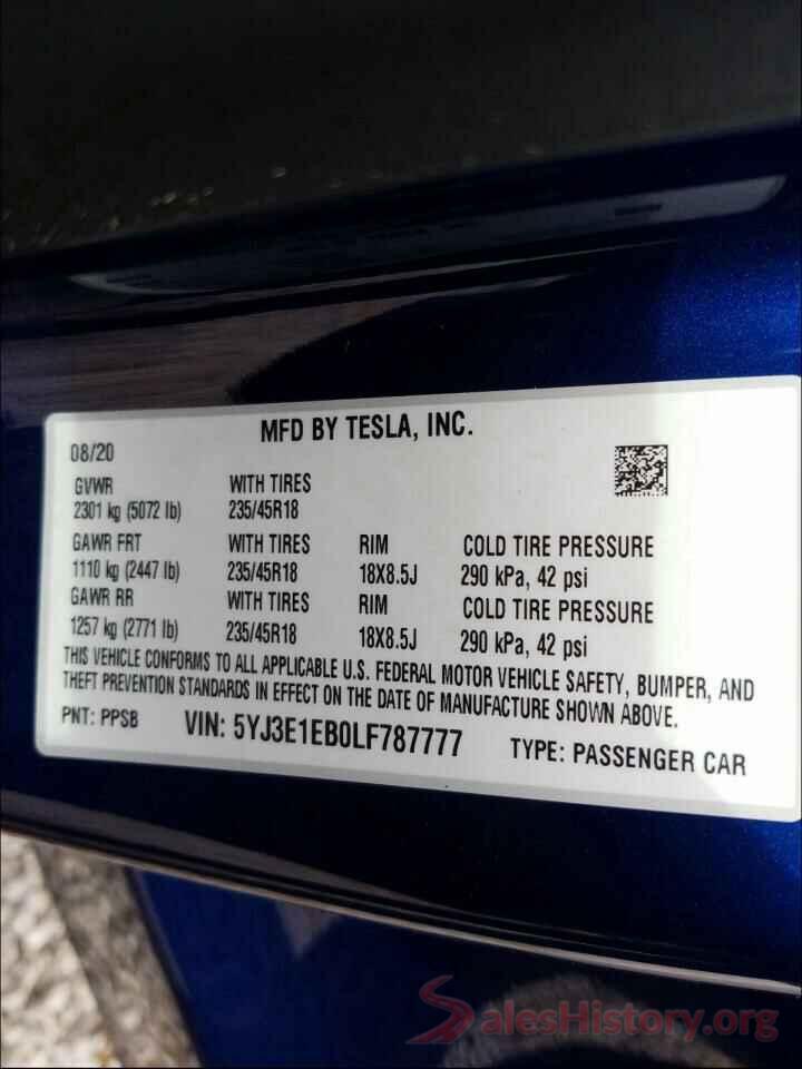 5YJ3E1EB0LF787777 2020 TESLA MODEL 3