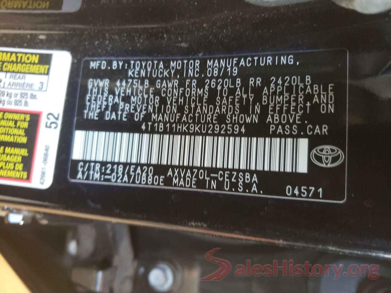 4T1B11HK9KU292594 2019 TOYOTA CAMRY