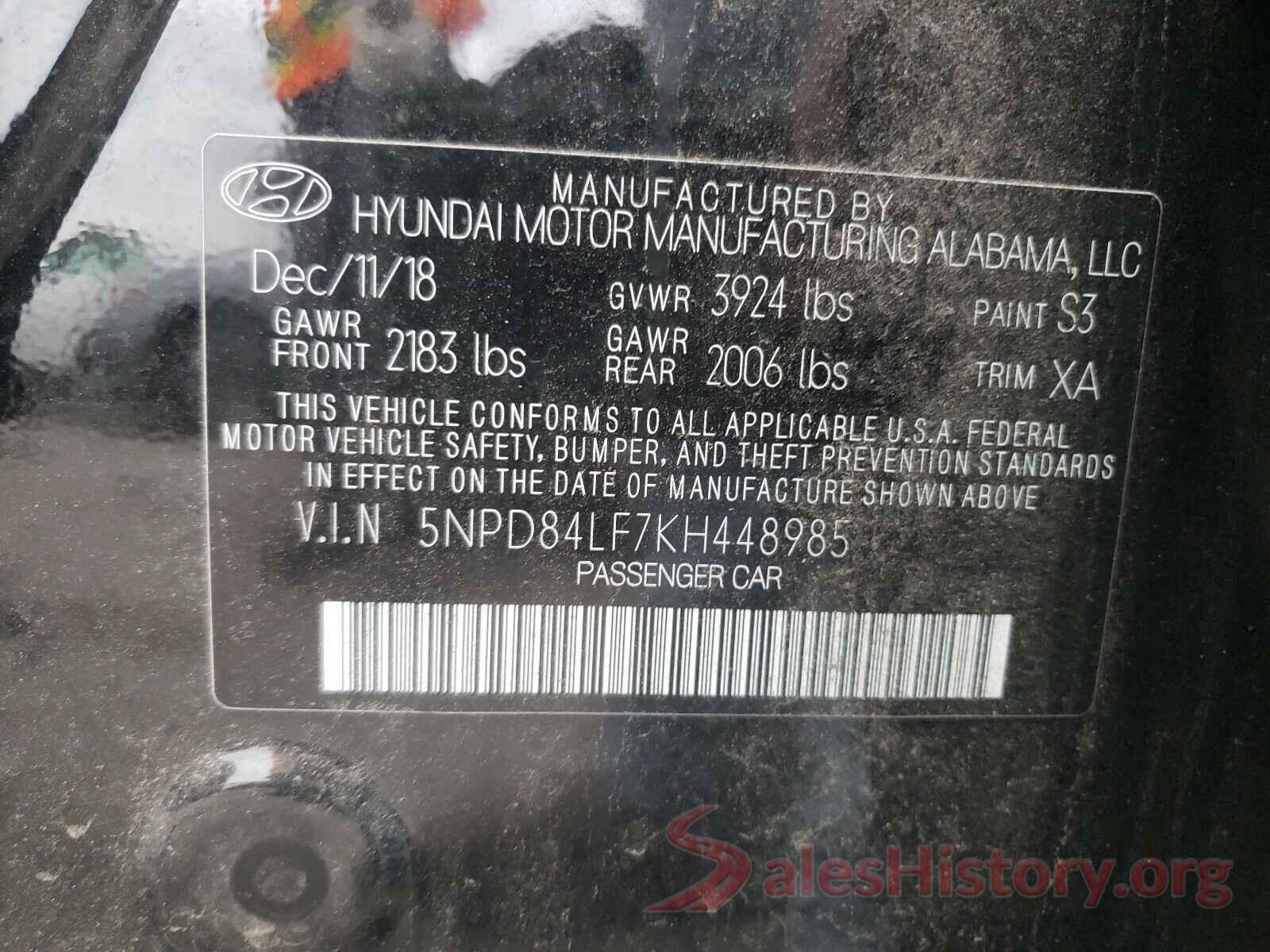 5NPD84LF7KH448985 2019 HYUNDAI ELANTRA