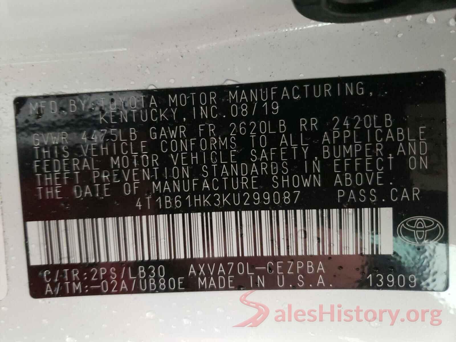 4T1B61HK3KU299087 2019 TOYOTA CAMRY