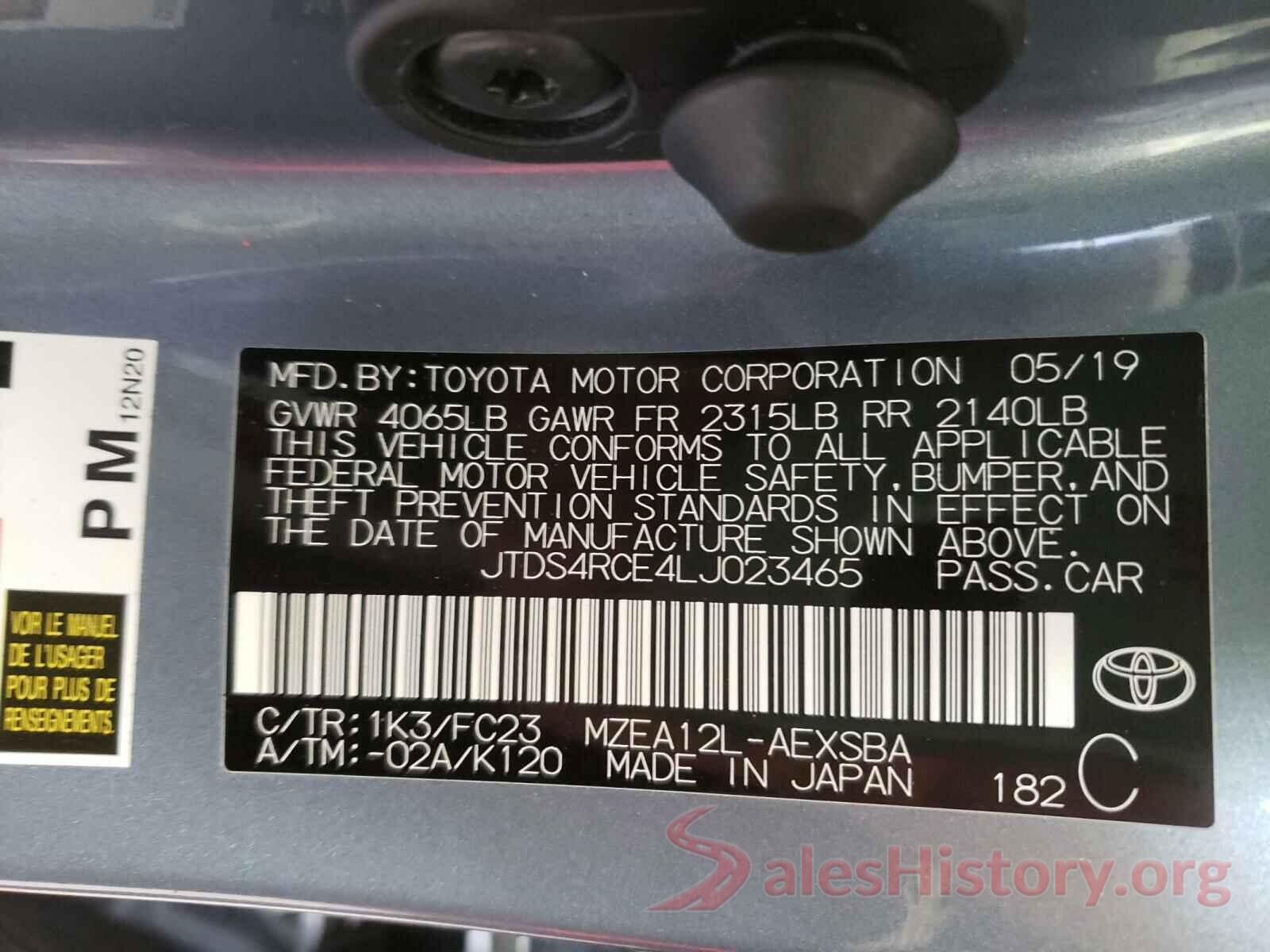 JTDS4RCE4LJ023465 2020 TOYOTA COROLLA