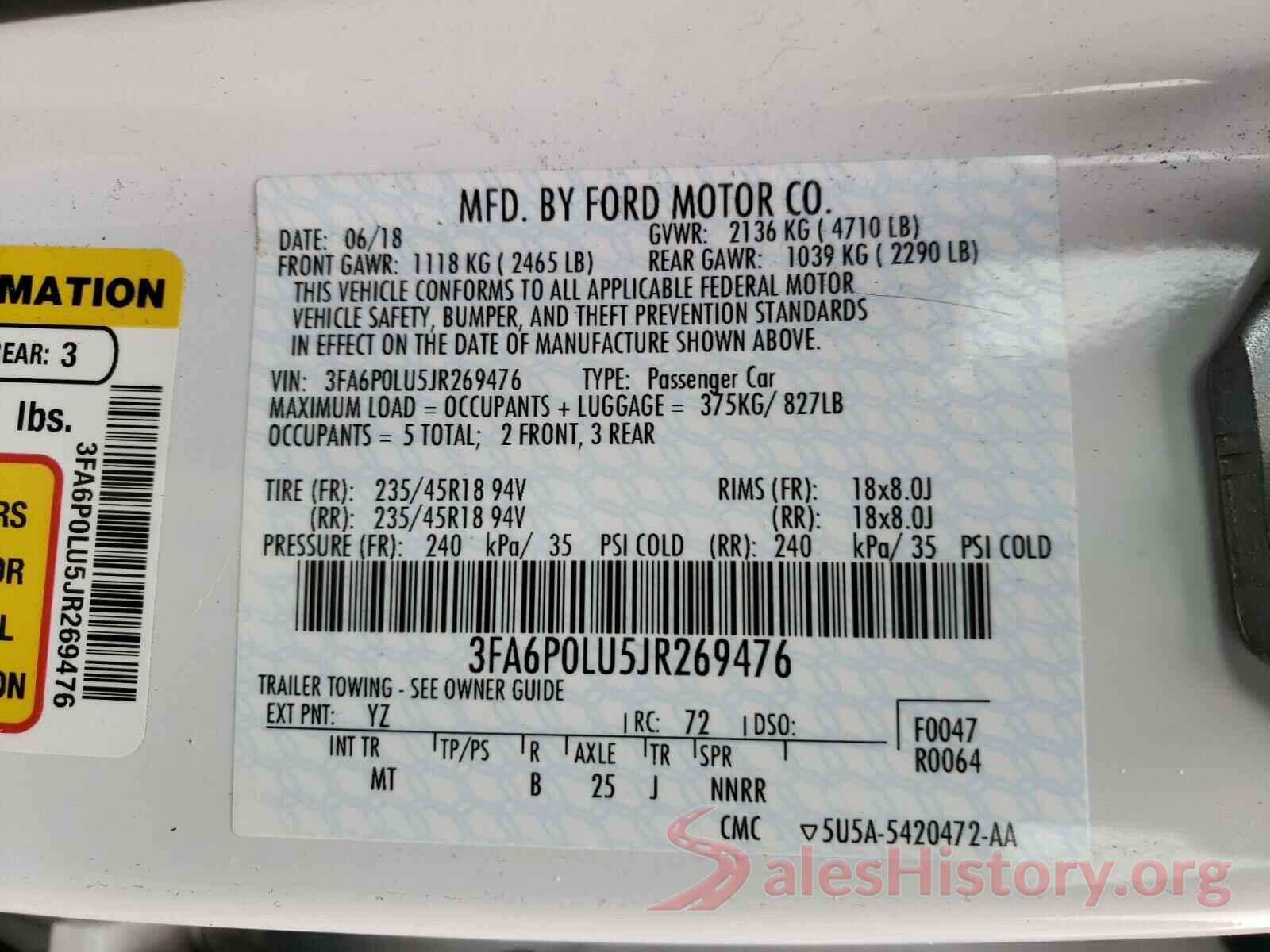 3FA6P0LU5JR269476 2018 FORD FUSION