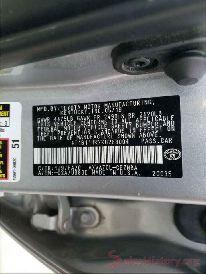 4T1B11HK7KU268004 2019 TOYOTA CAMRY