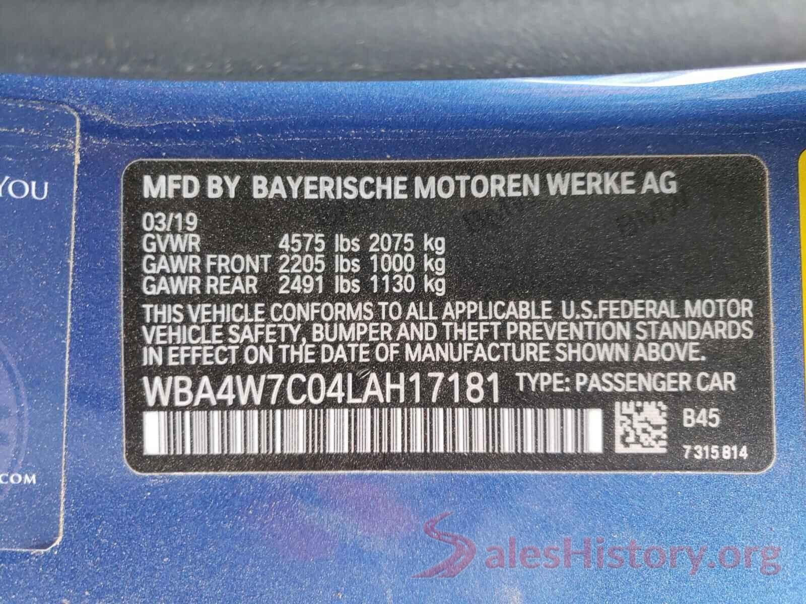 WBA4W7C04LAH17181 2020 BMW 4 SERIES