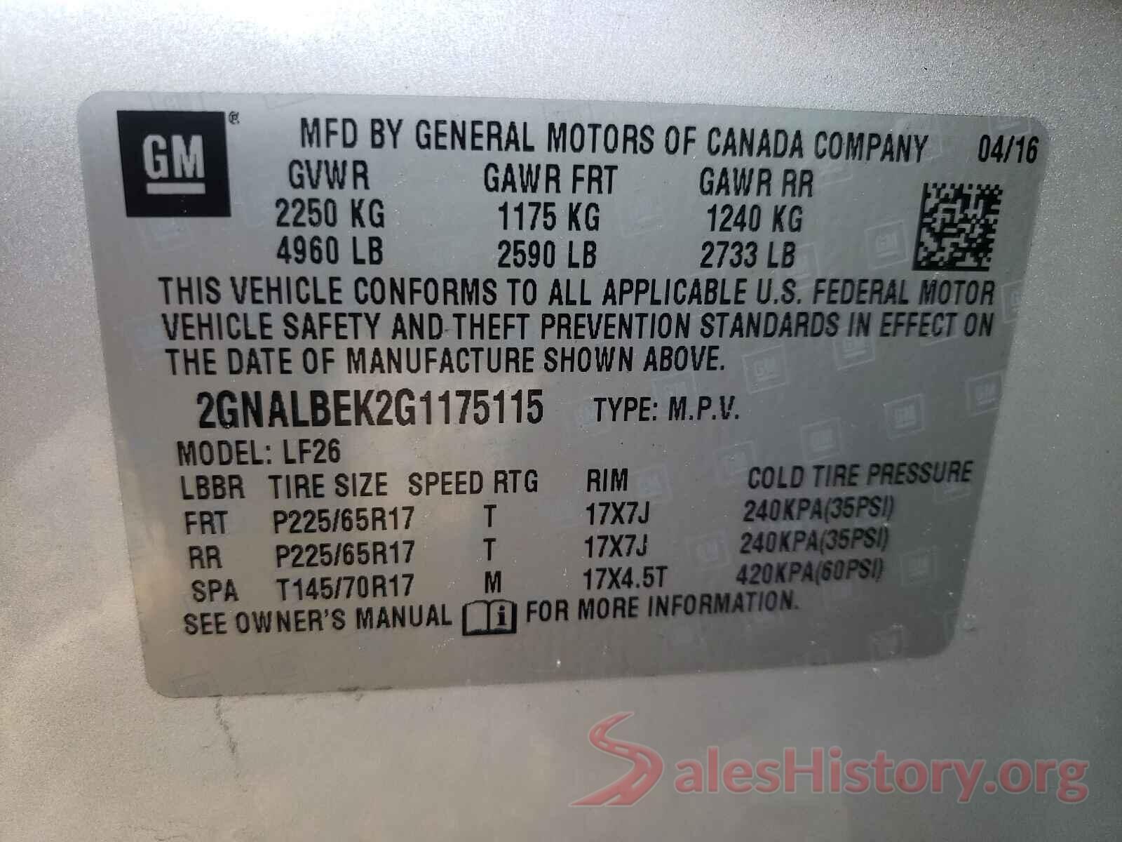 2GNALBEK2G1175115 2016 CHEVROLET EQUINOX