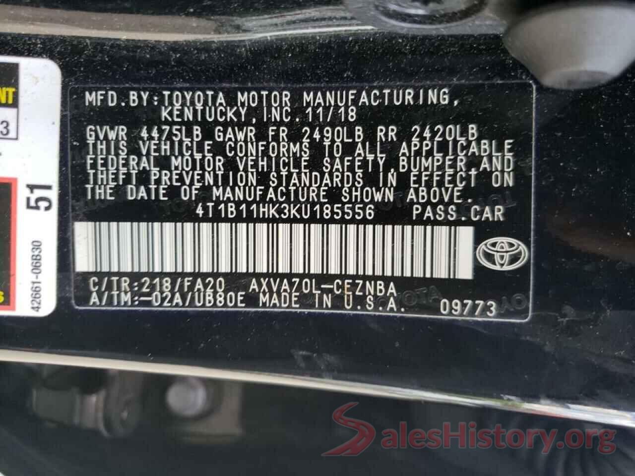 4T1B11HK3KU185556 2019 TOYOTA CAMRY