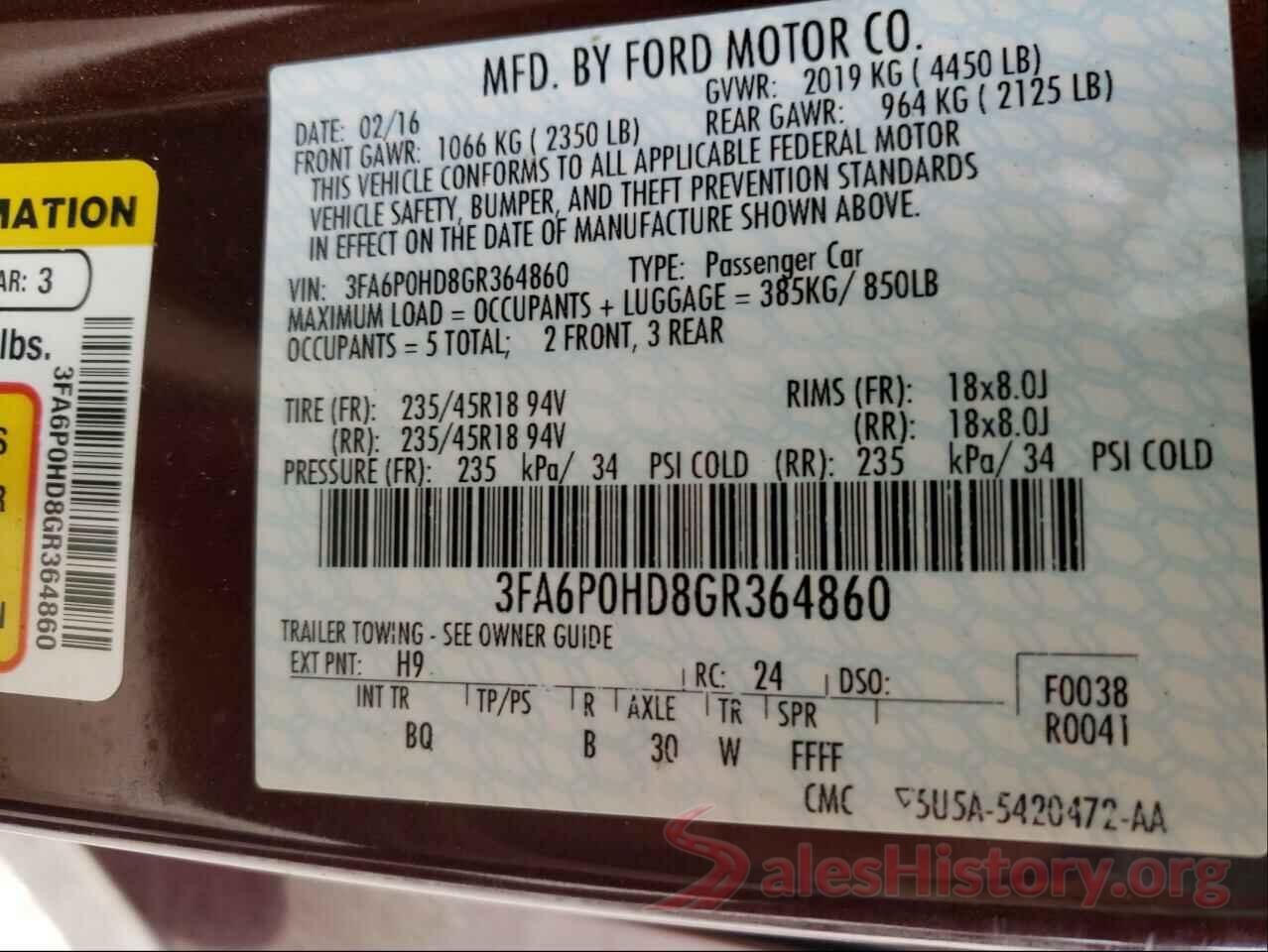 3FA6P0HD8GR364860 2016 FORD FUSION