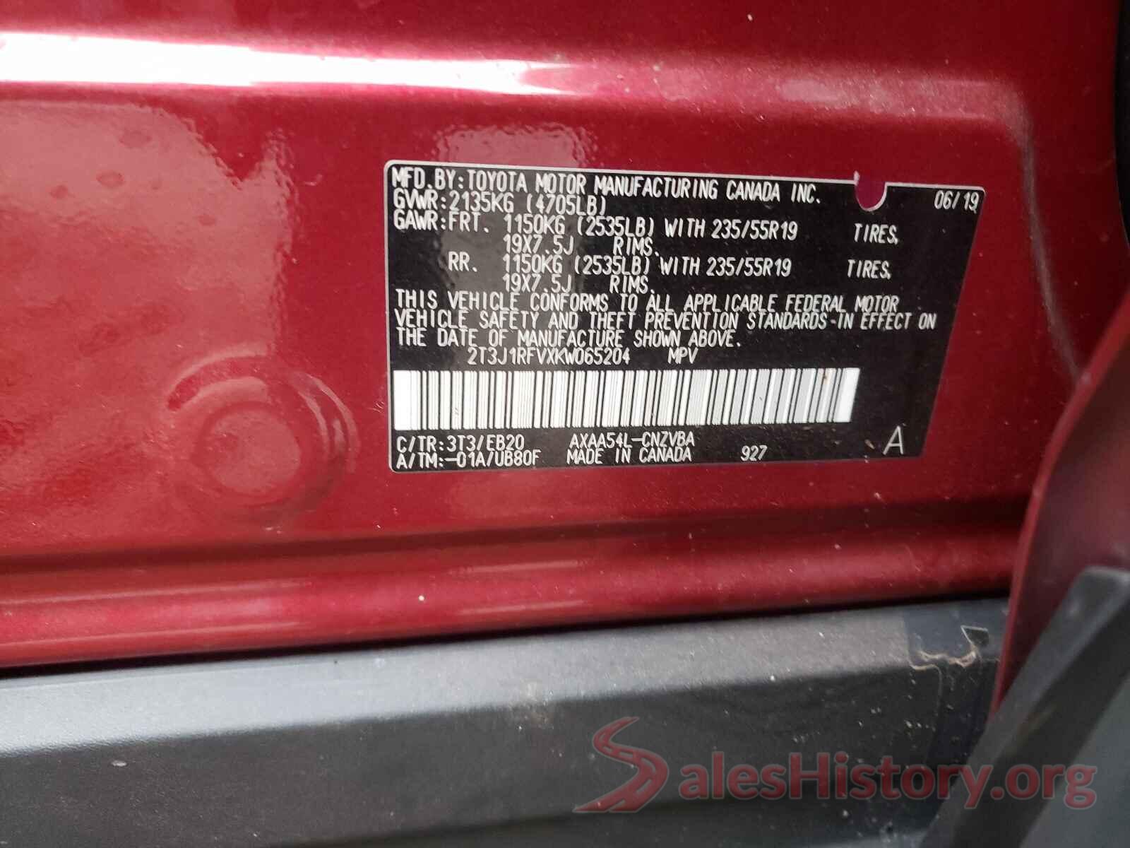 2T3J1RFVXKW065204 2019 TOYOTA RAV4