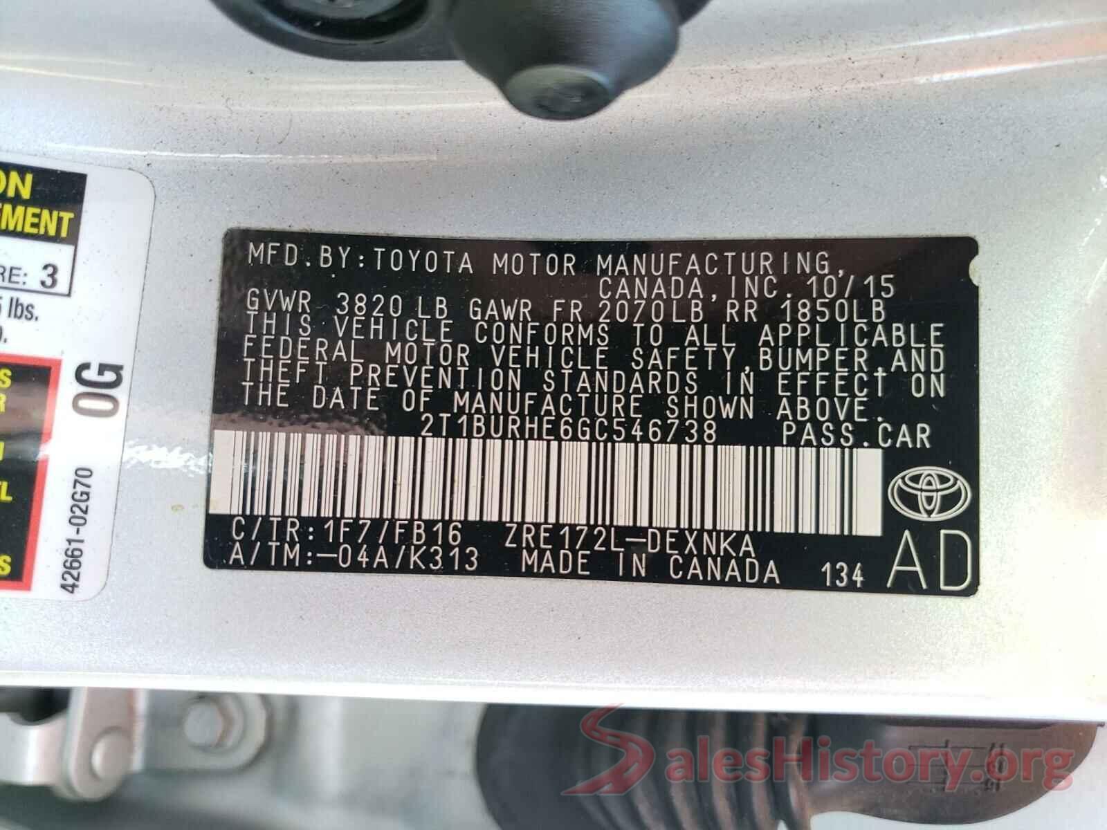 2T1BURHE6GC546738 2016 TOYOTA COROLLA