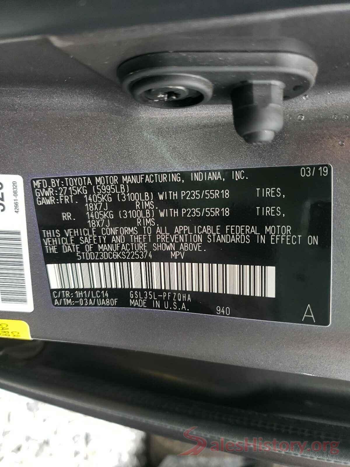 5TDDZ3DC6KS225374 2019 TOYOTA SIENNA