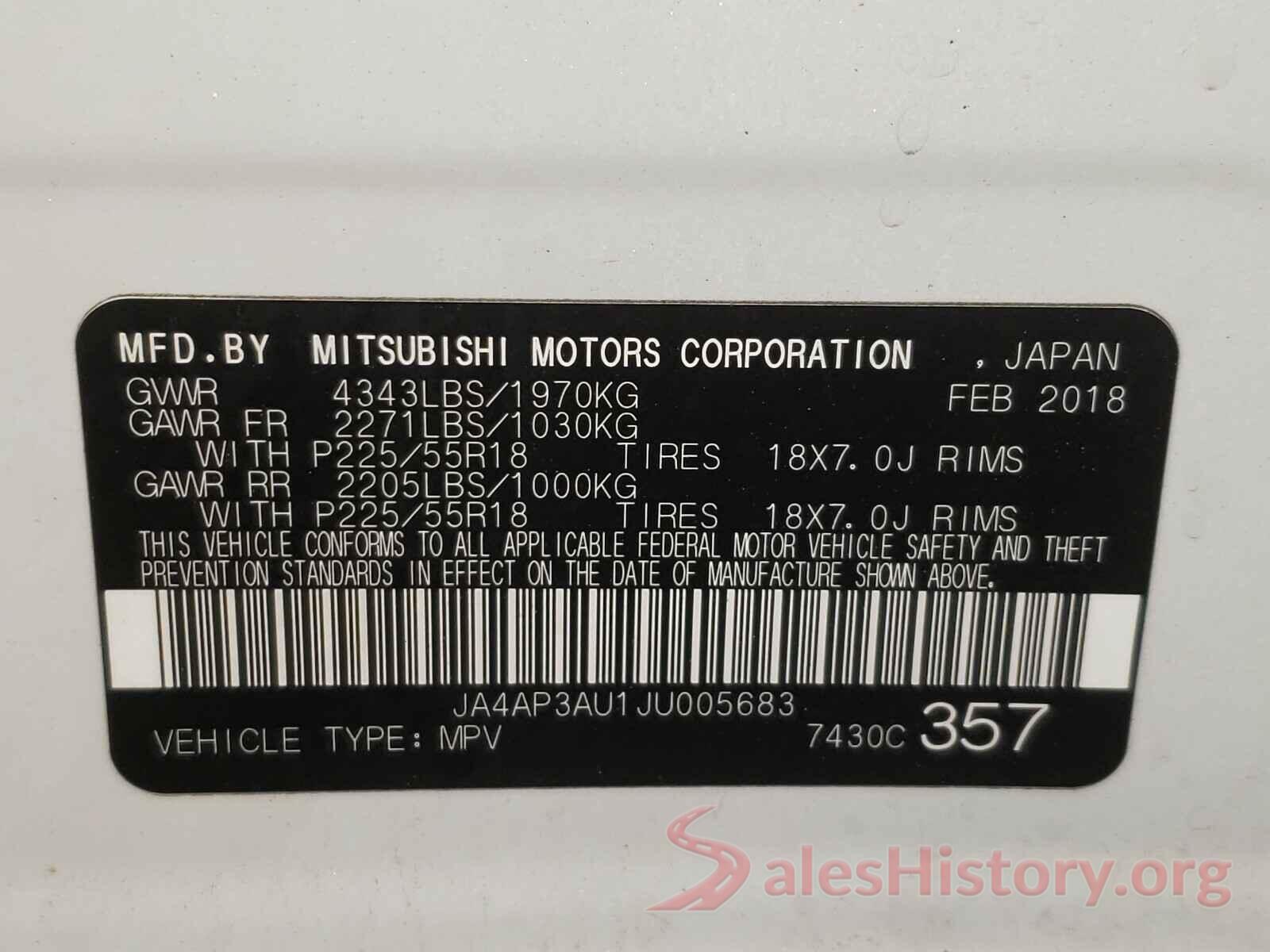 JA4AP3AU1JU005683 2018 MITSUBISHI OUTLANDER