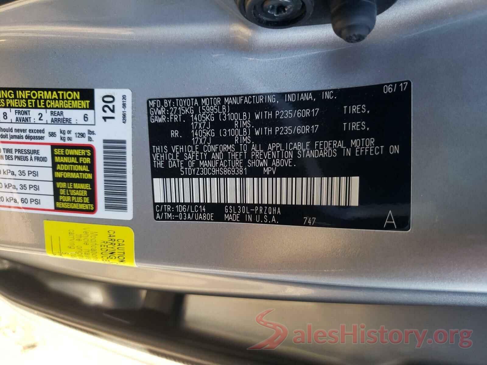 5TDYZ3DC9HS869381 2017 TOYOTA SIENNA