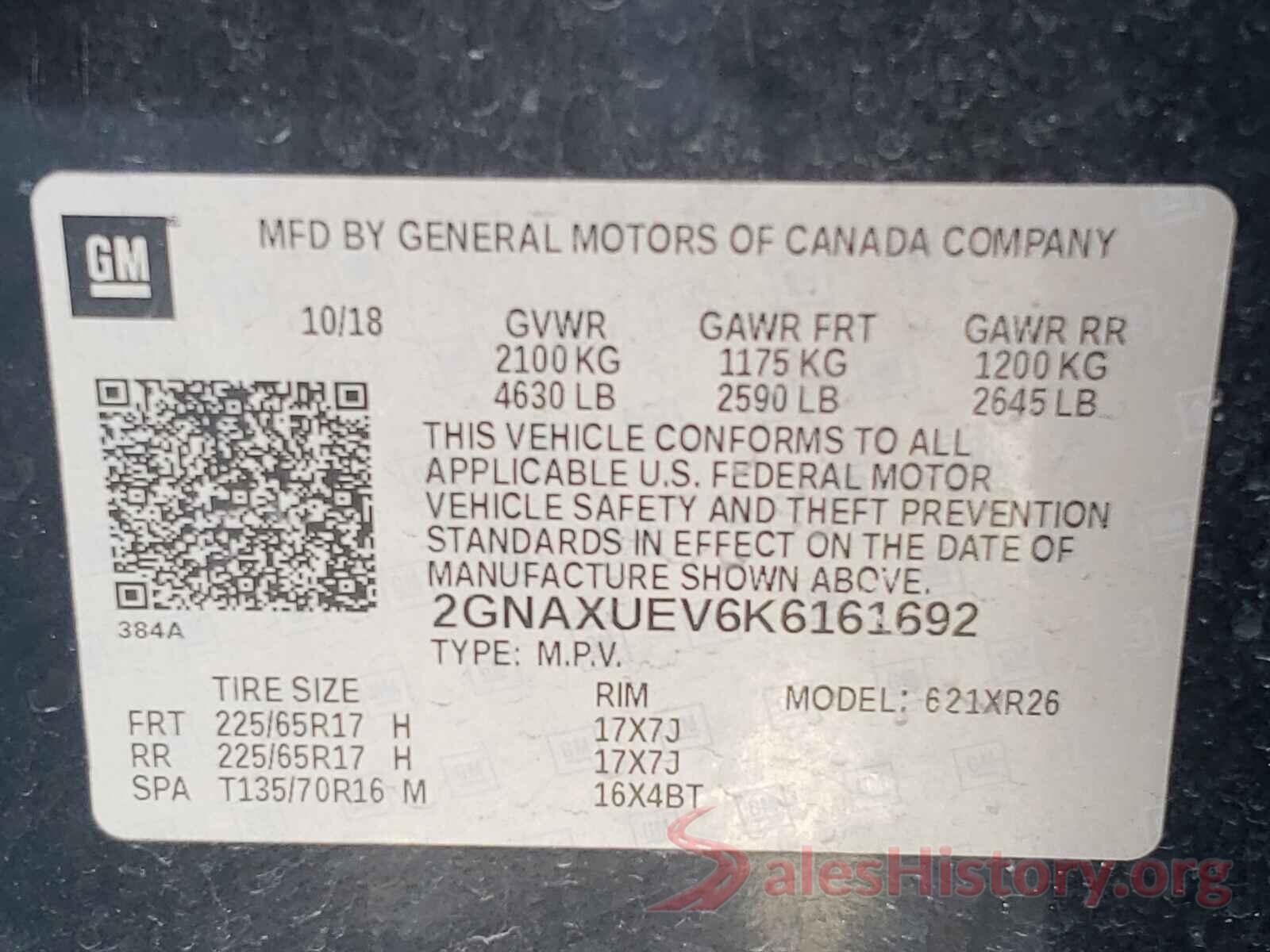 2GNAXUEV6K6161692 2019 CHEVROLET EQUINOX