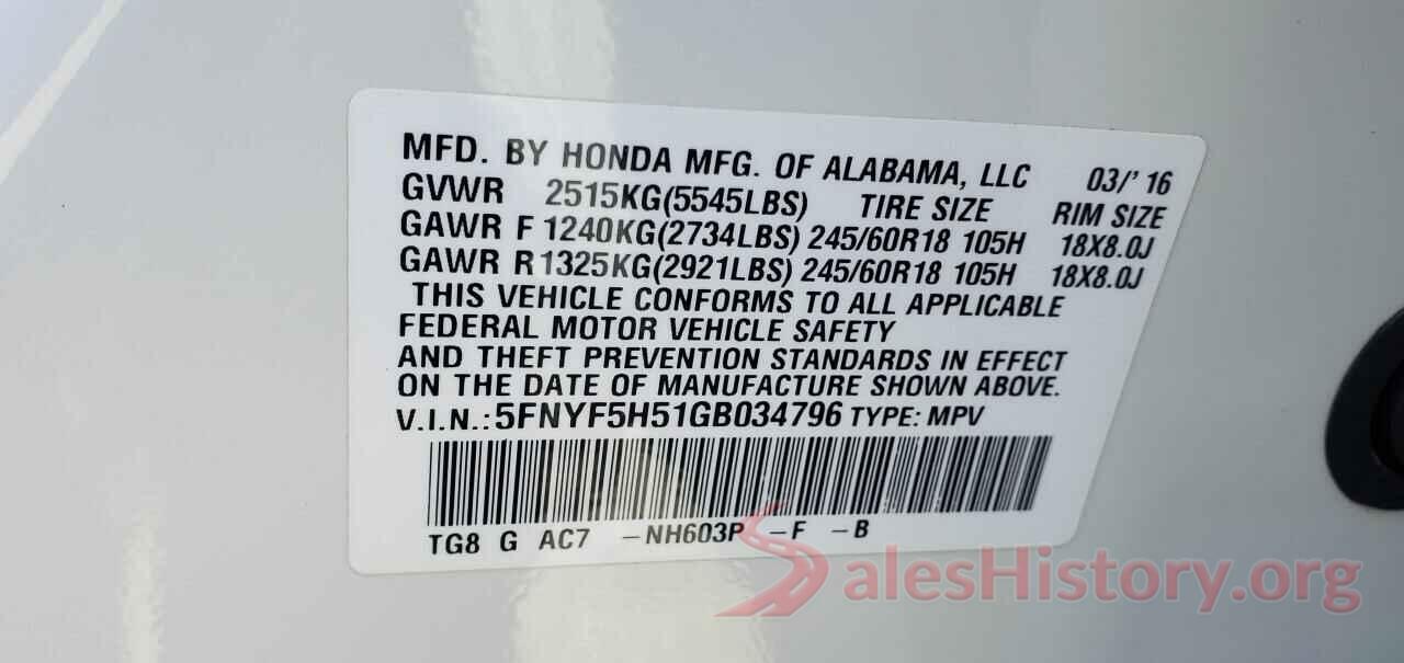 5FNYF5H51GB034796 2016 HONDA PILOT