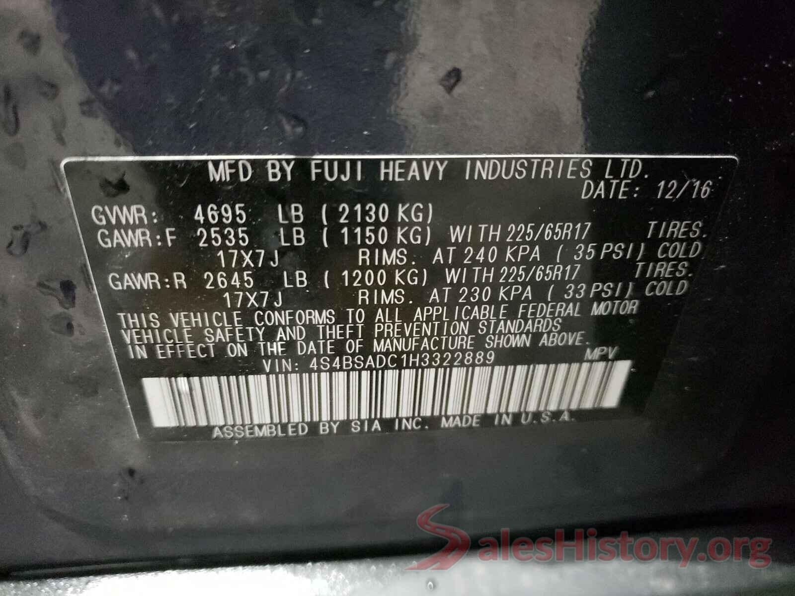 4S4BSADC1H3322889 2017 SUBARU OUTBACK