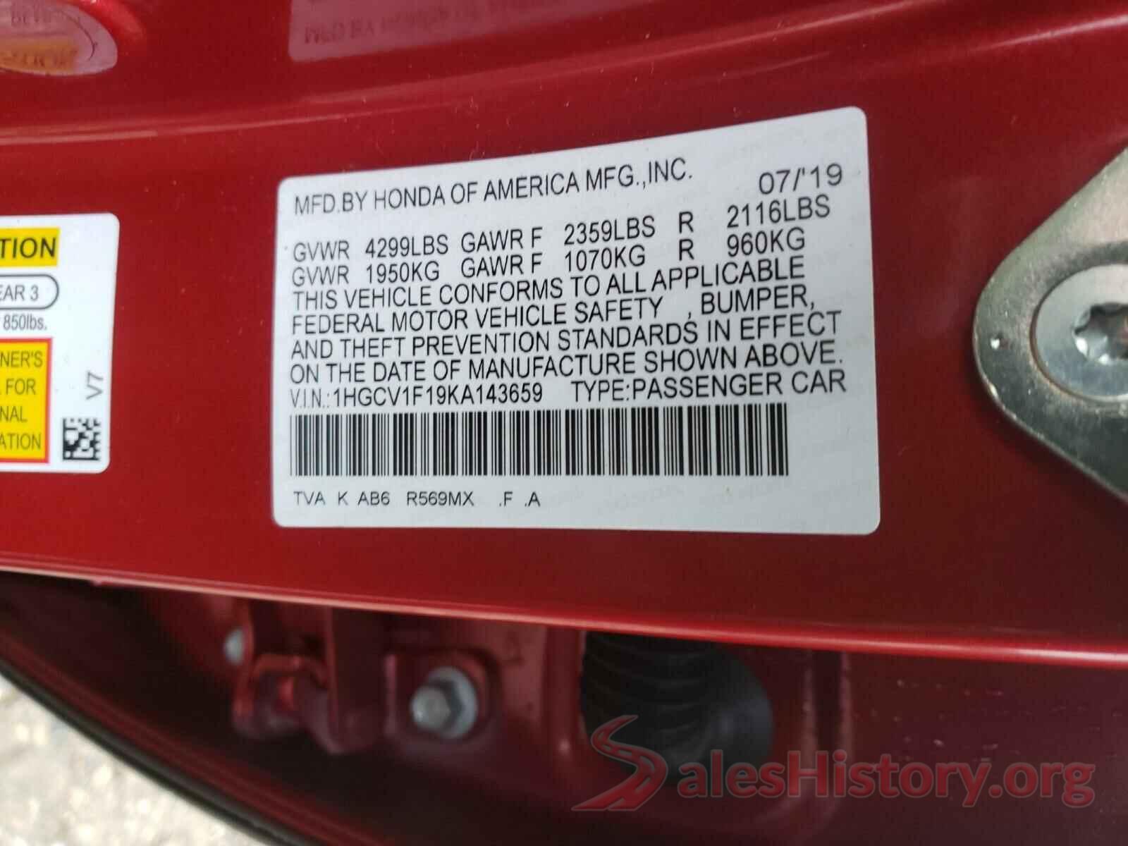 1HGCV1F19KA143659 2019 HONDA ACCORD