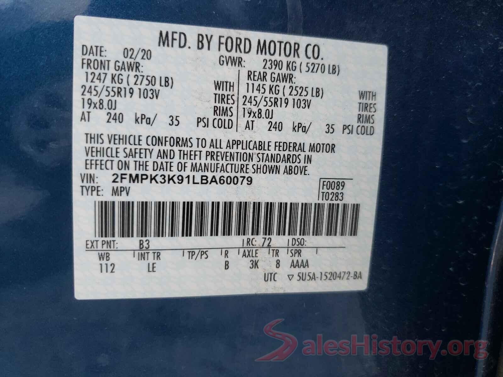 2FMPK3K91LBA60079 2020 FORD EDGE