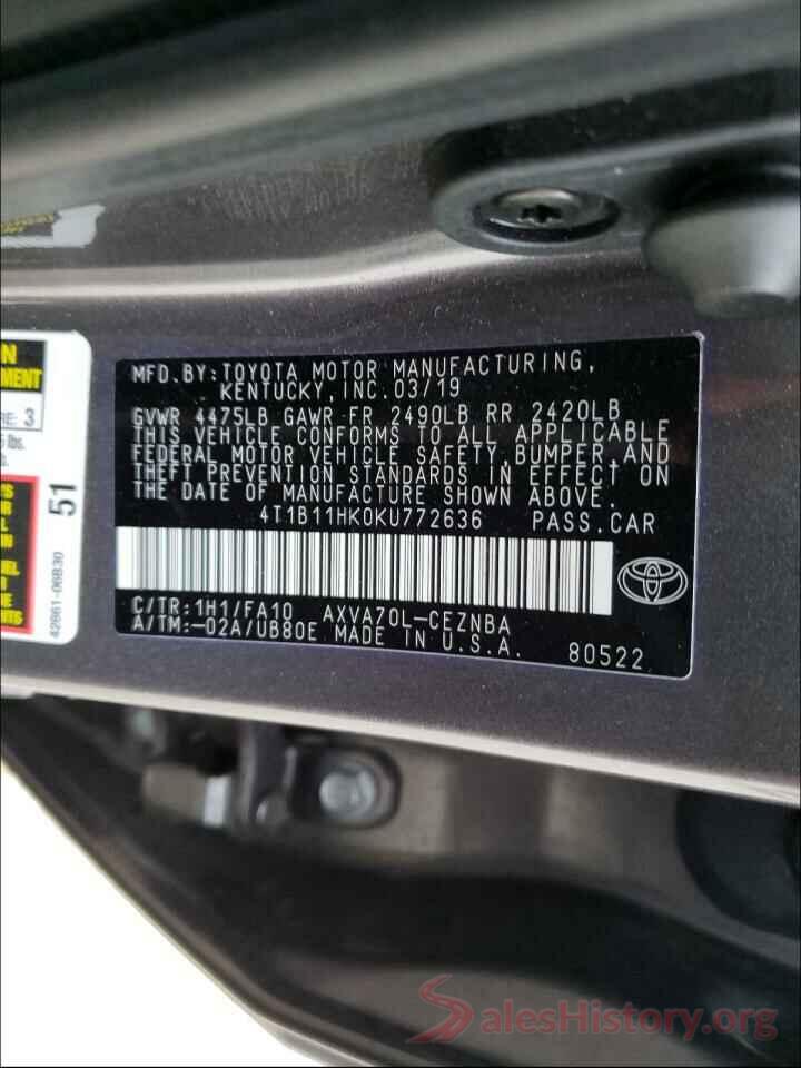 4T1B11HK0KU772636 2019 TOYOTA CAMRY