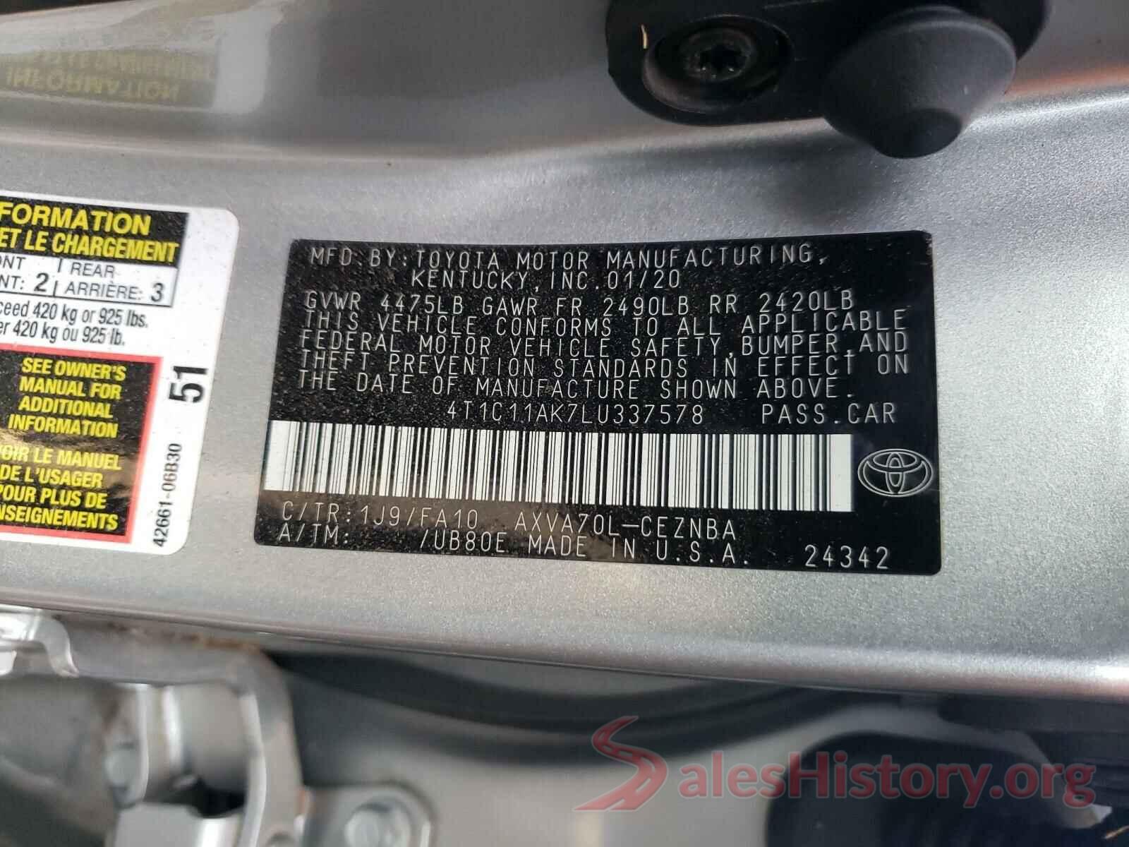 4T1C11AK7LU337578 2020 TOYOTA CAMRY