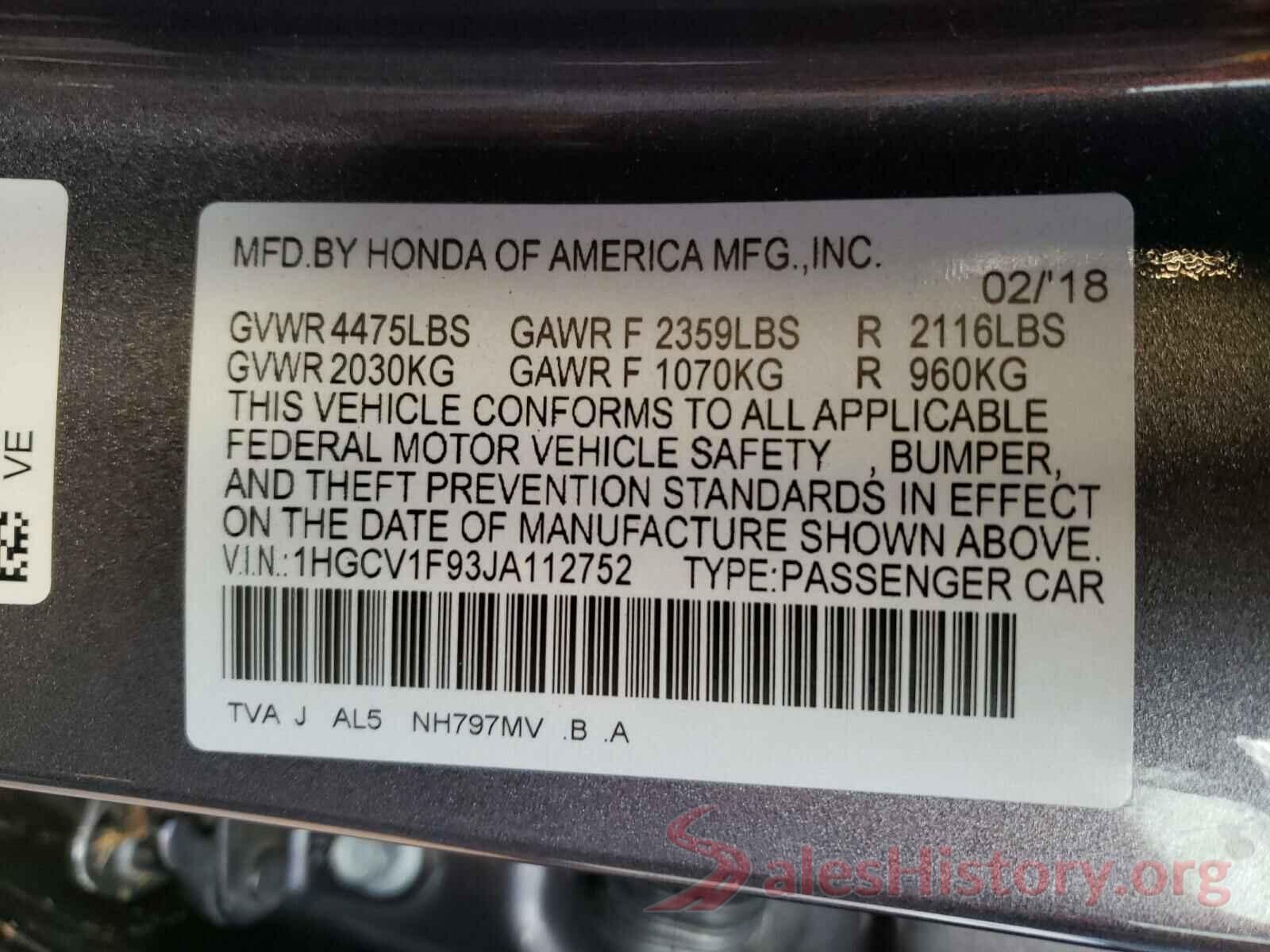 1HGCV1F93JA112752 2018 HONDA ACCORD