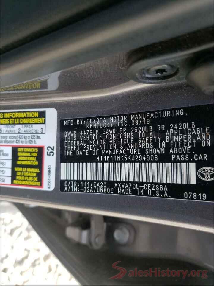 4T1B11HK5KU294908 2019 TOYOTA CAMRY