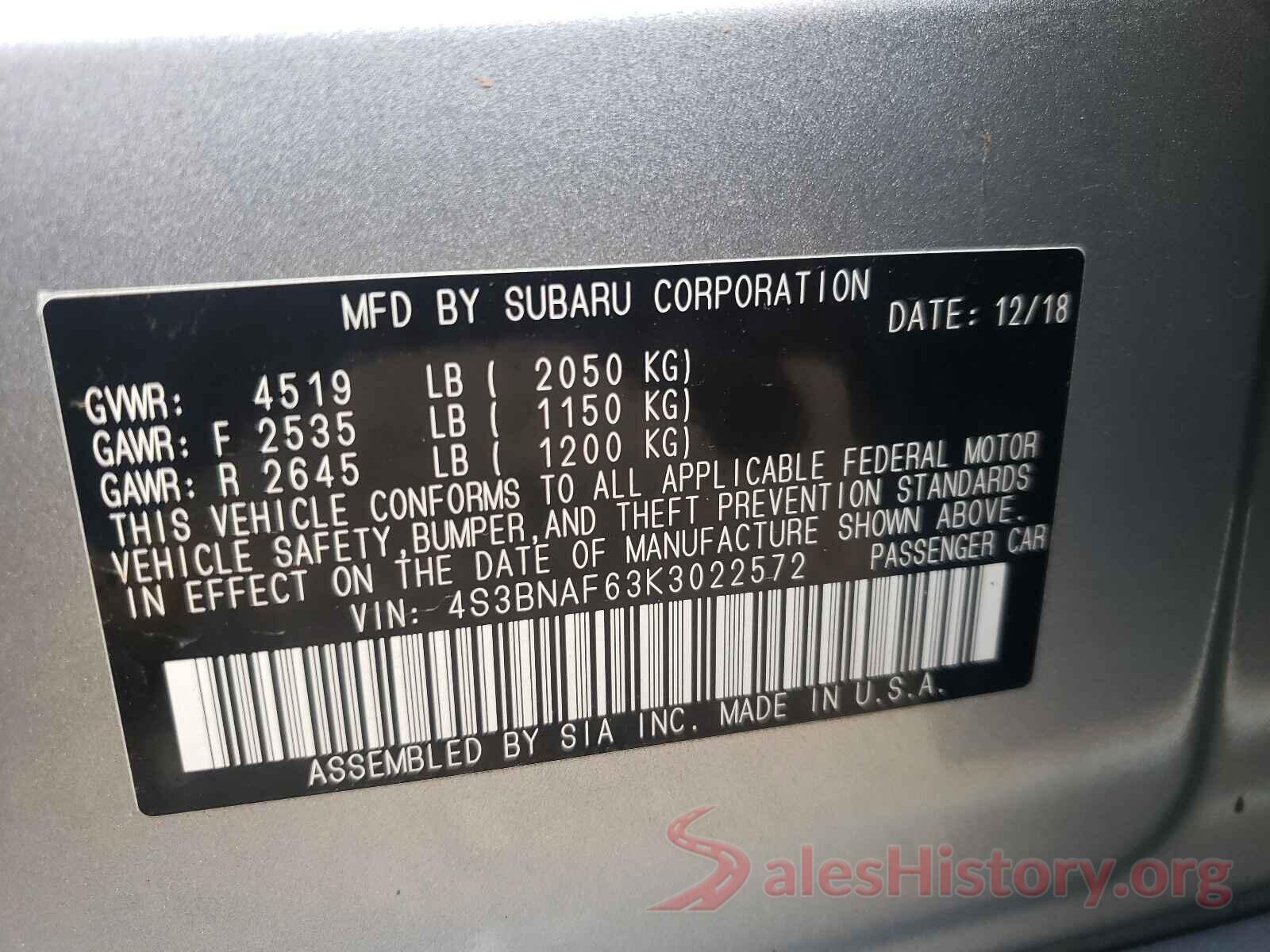 4S3BNAF63K3022572 2019 SUBARU LEGACY