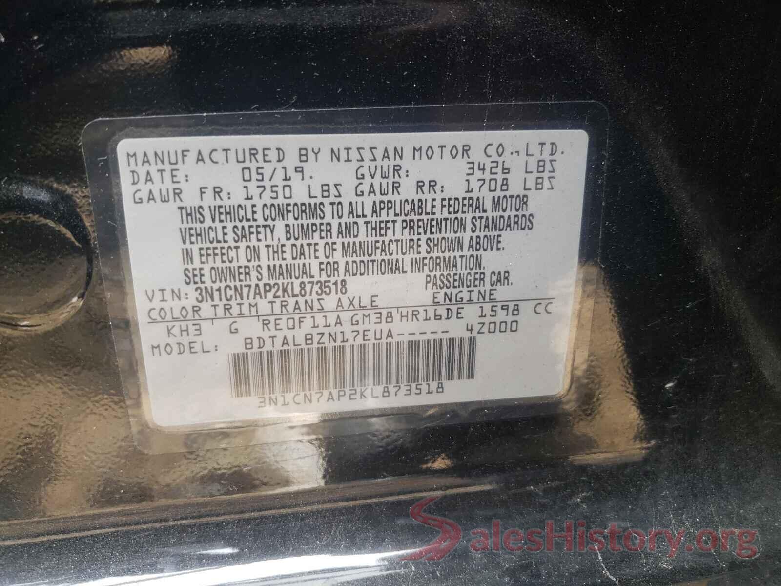 3N1CN7AP2KL873518 2019 NISSAN VERSA