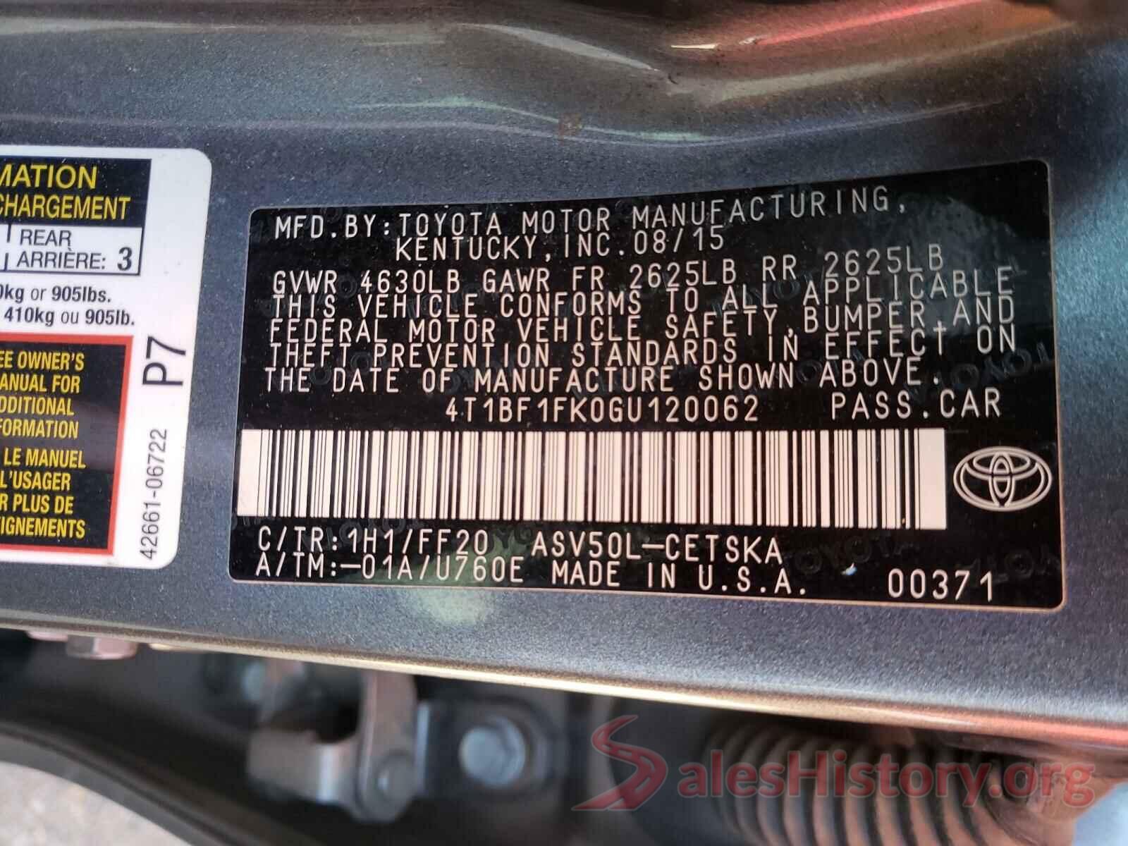 4T1BF1FK0GU120062 2016 TOYOTA CAMRY