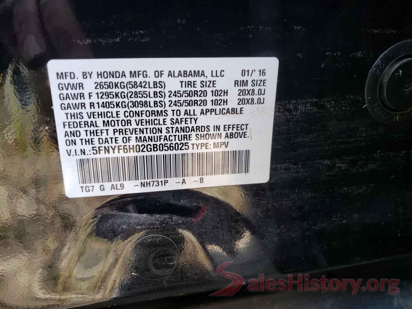 5FNYF6H02GB056025 2016 HONDA PILOT