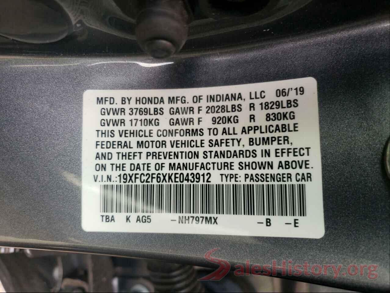 19XFC2F6XKE043912 2019 HONDA CIVIC