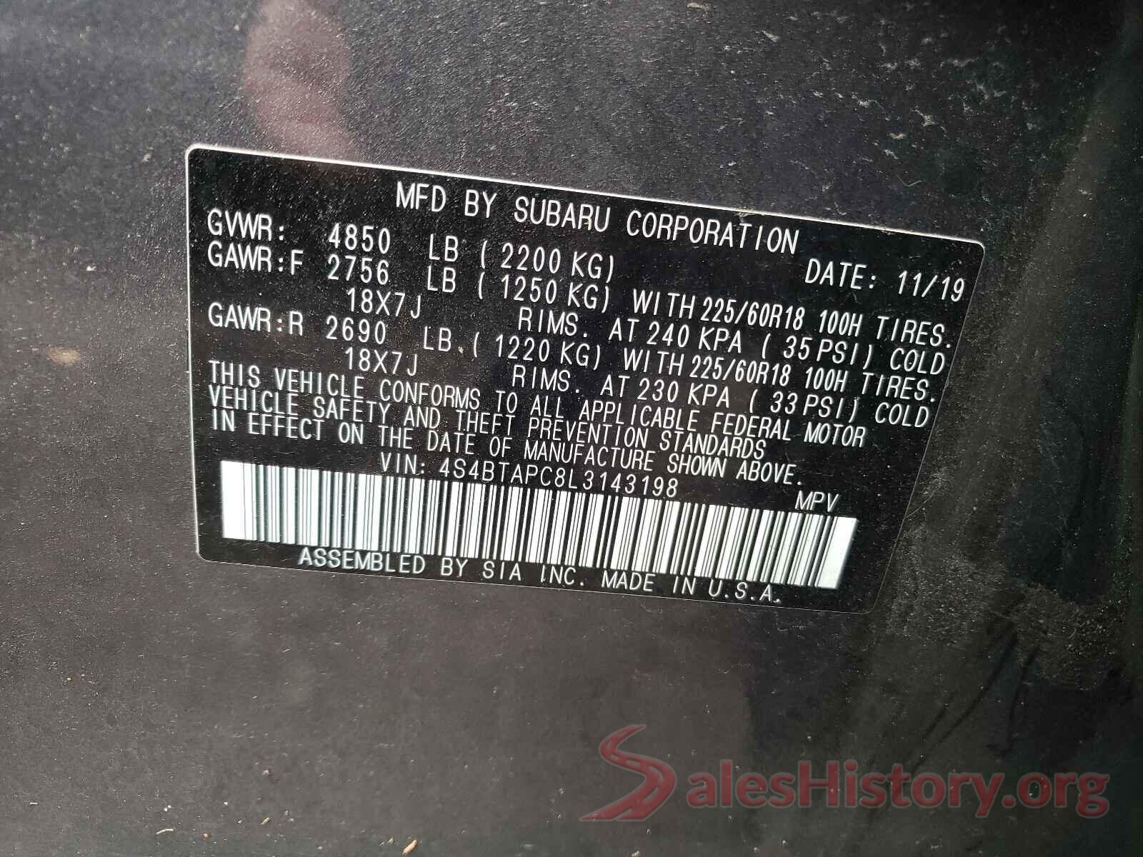 4S4BTAPC8L3143198 2020 SUBARU OUTBACK