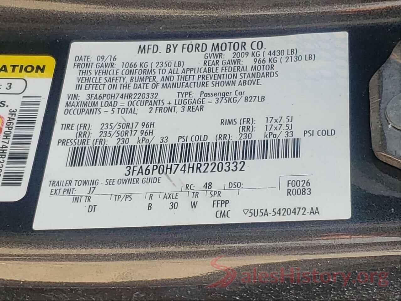 3FA6P0H74HR220332 2017 FORD FUSION