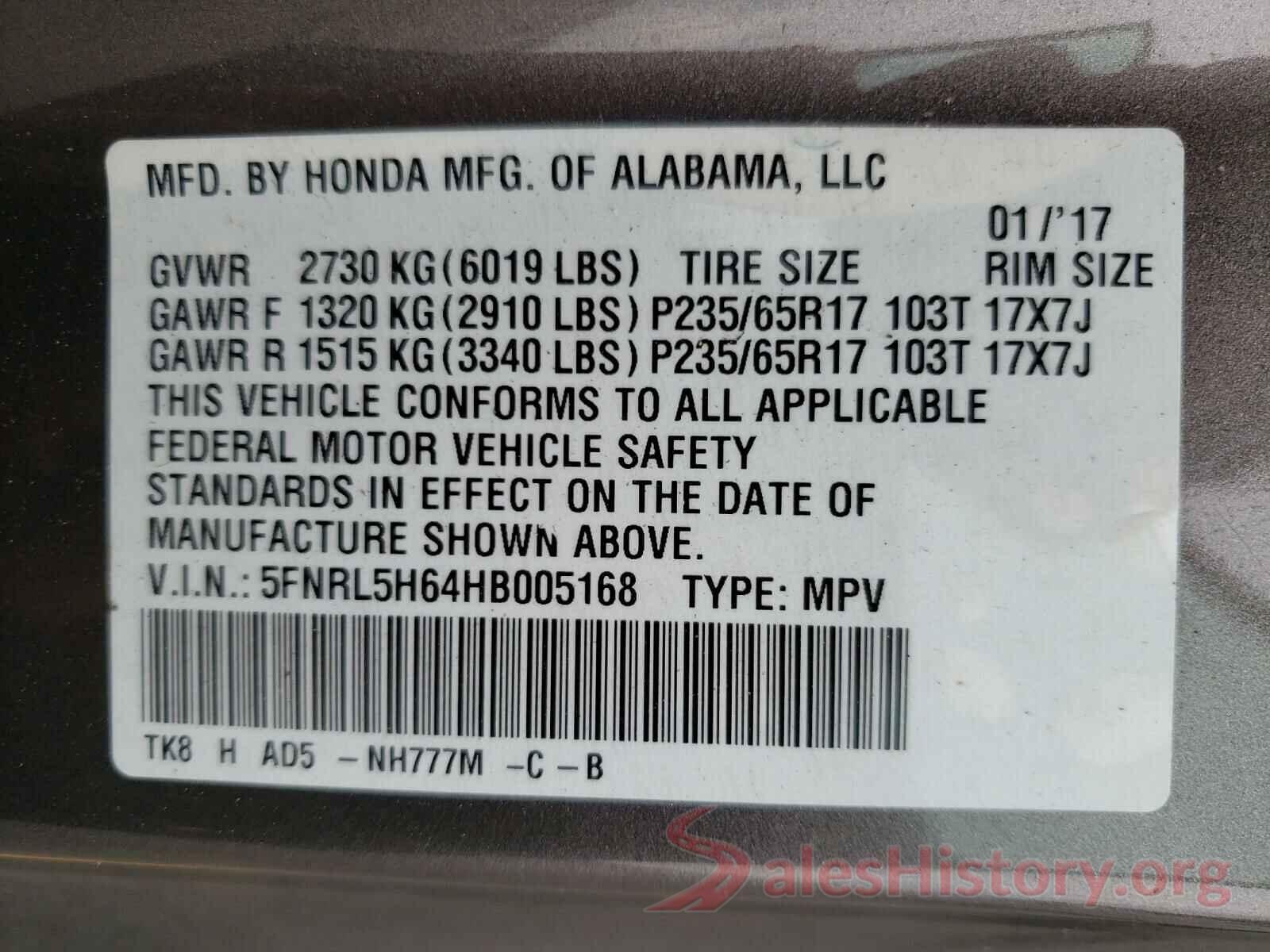 5FNRL5H64HB005168 2017 HONDA ODYSSEY