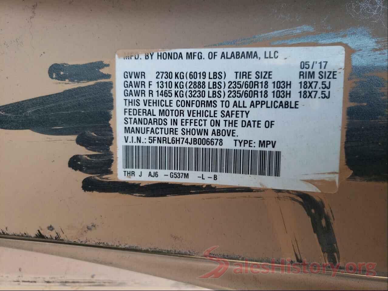 5FNRL6H74JB006678 2018 HONDA ODYSSEY