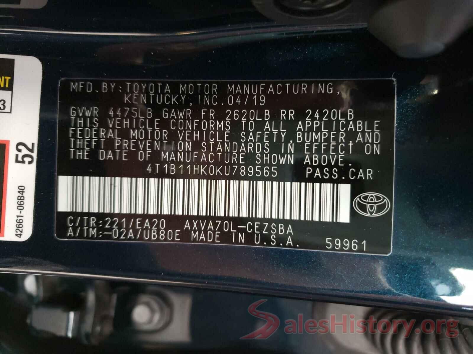 4T1B11HK0KU789565 2019 TOYOTA CAMRY