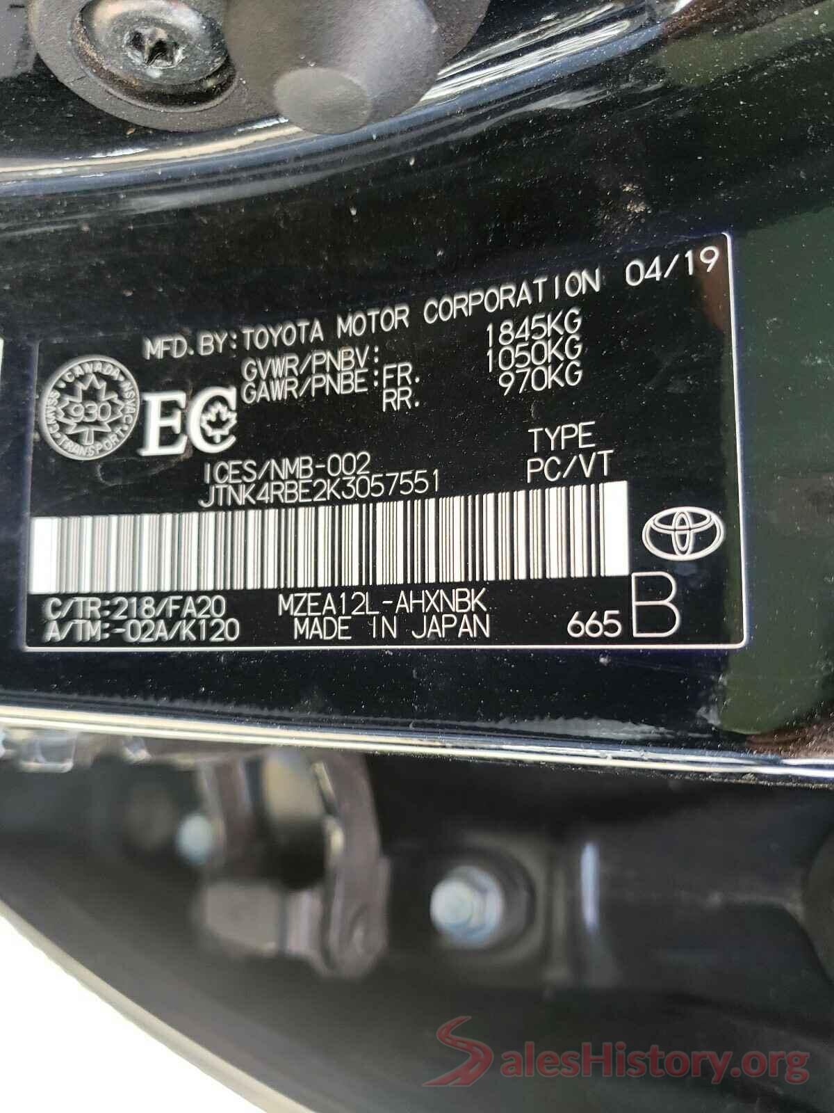 JTNK4RBE2K3057551 2019 TOYOTA COROLLA