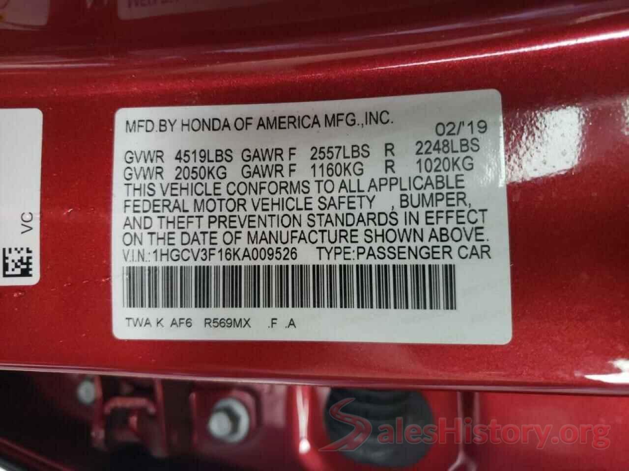 1HGCV3F16KA009526 2019 HONDA ACCORD