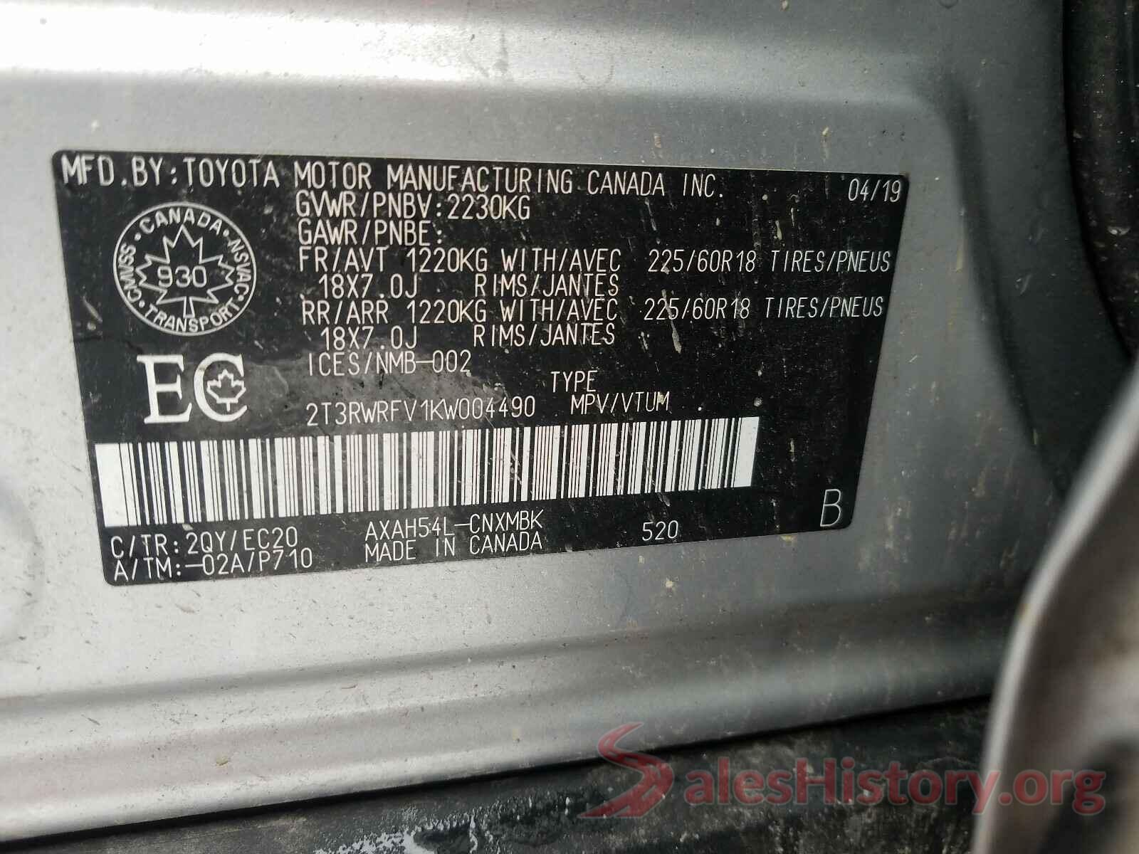 2T3RWRFV1KW004490 2019 TOYOTA RAV4