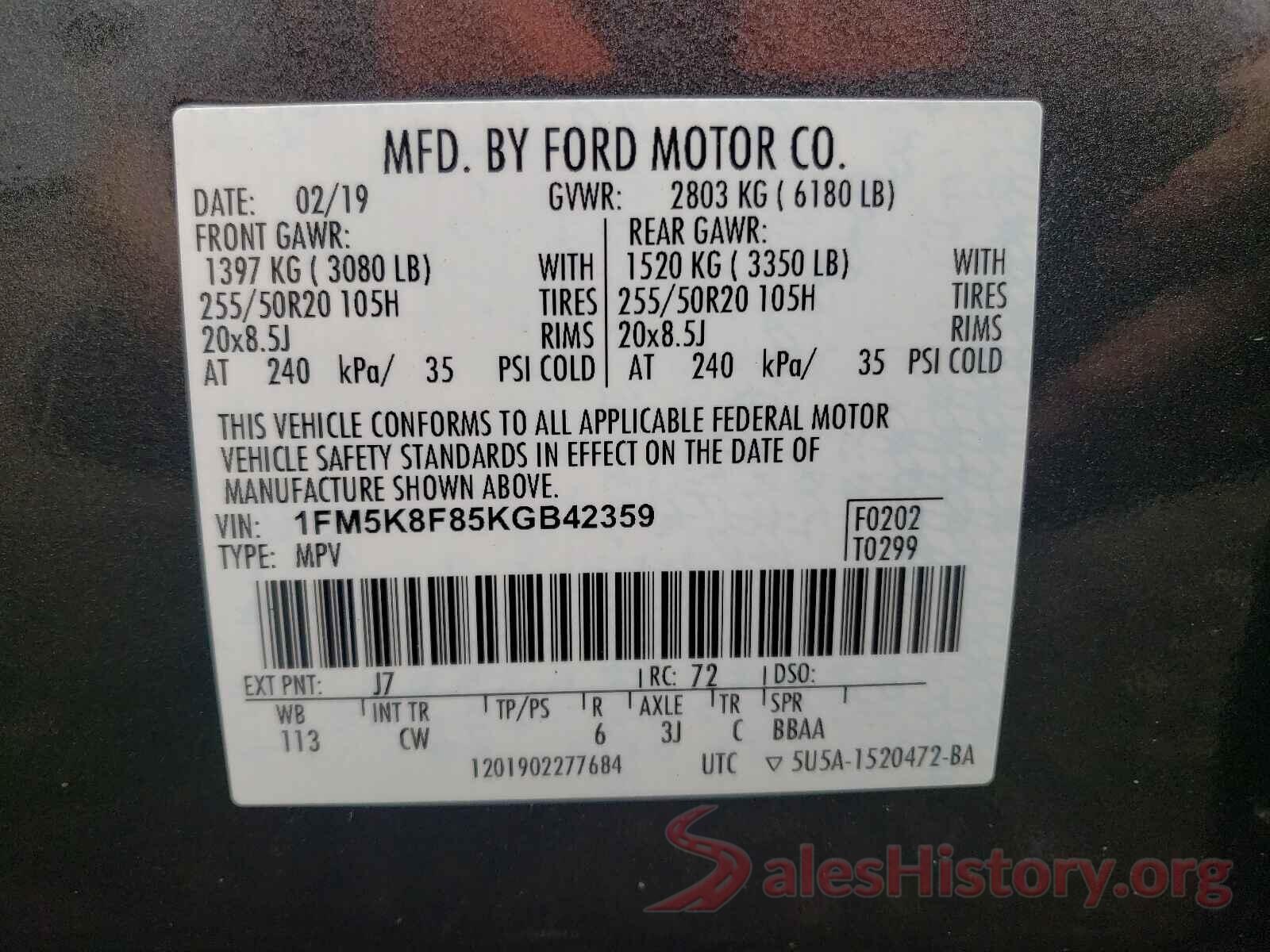 1FM5K8F85KGB42359 2019 FORD EXPLORER