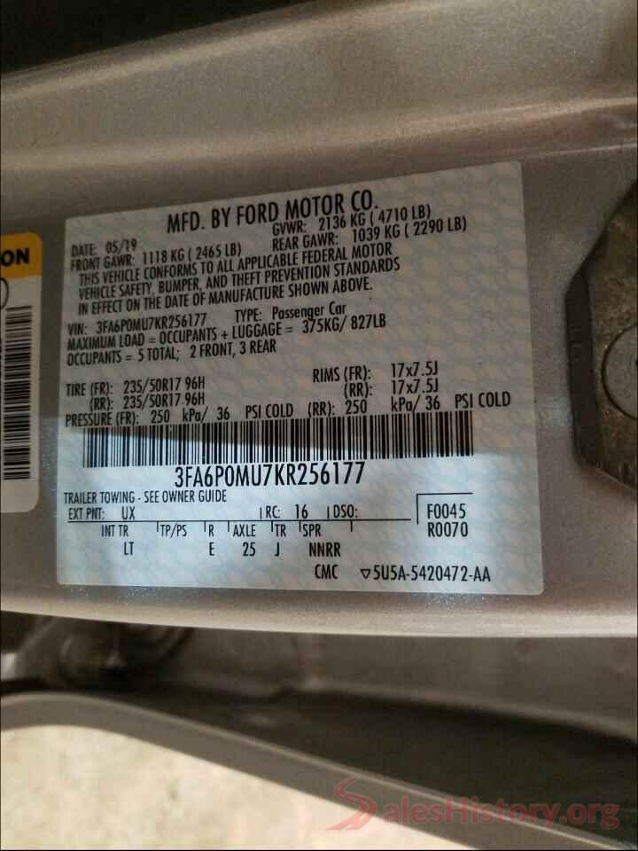 3FA6P0MU7KR256177 2019 FORD FUSION