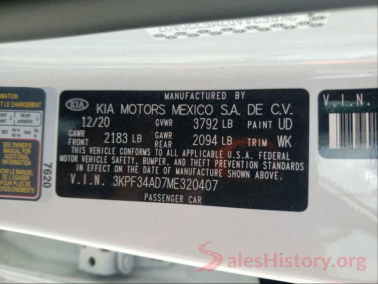 3KPF34AD7ME320407 2021 KIA FORTE