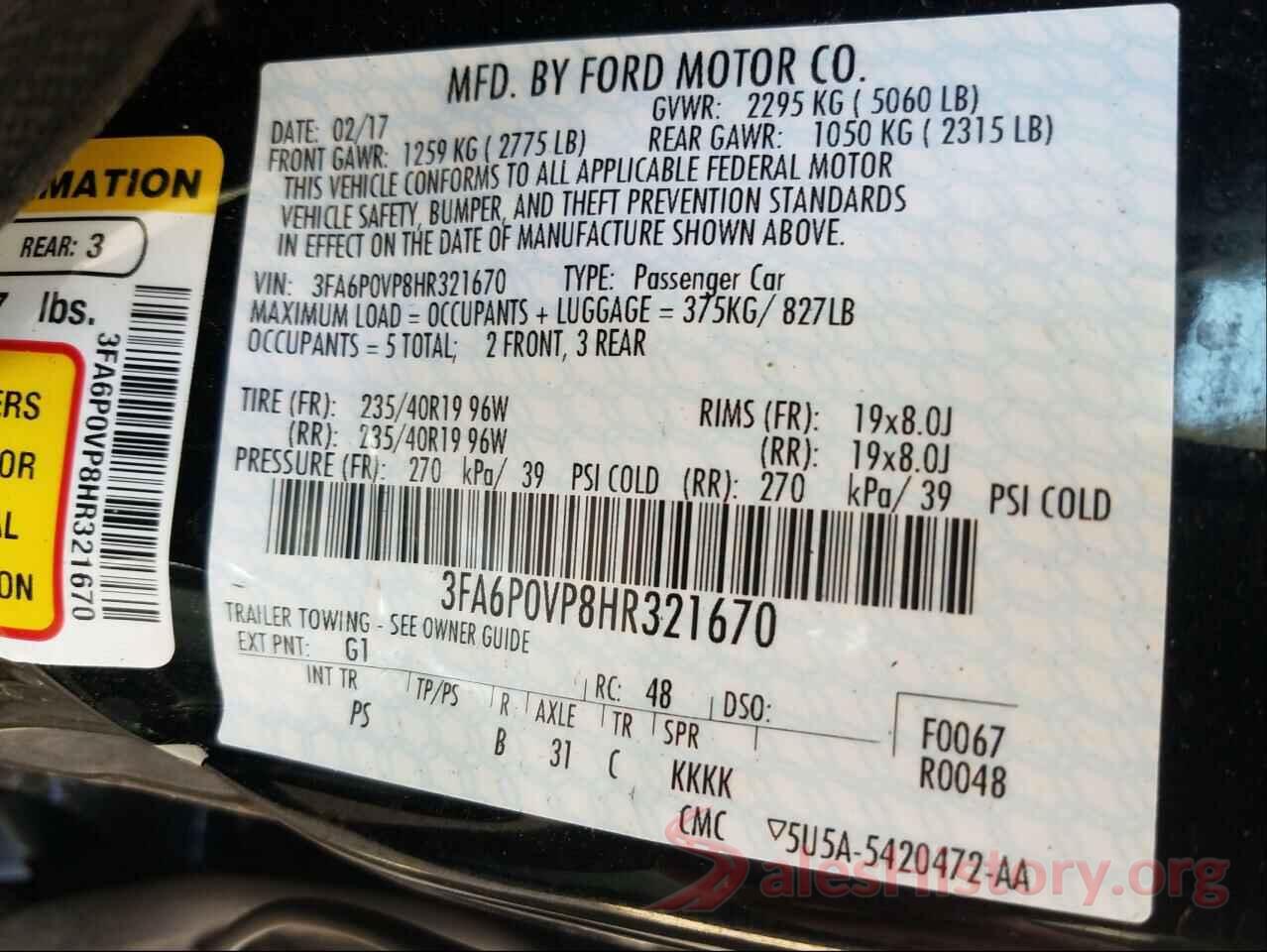 3FA6P0VP8HR321670 2017 FORD FUSION