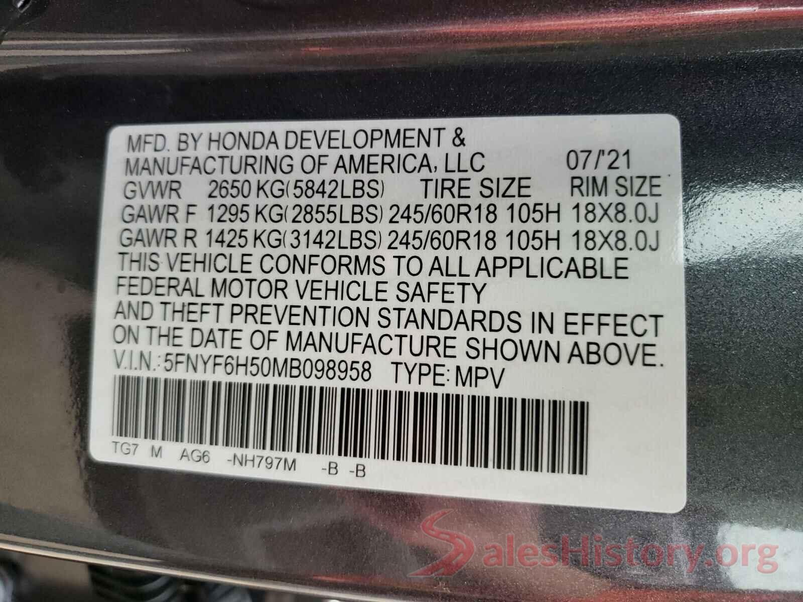 5FNYF6H50MB098958 2021 HONDA PILOT