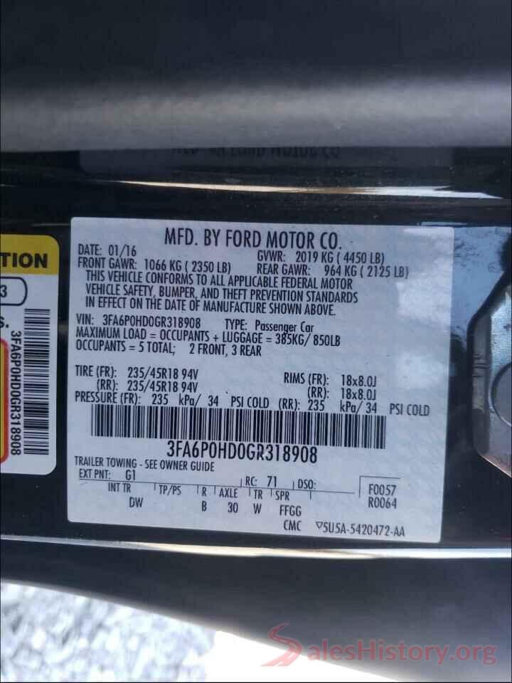 3FA6P0HD0GR318908 2016 FORD FUSION