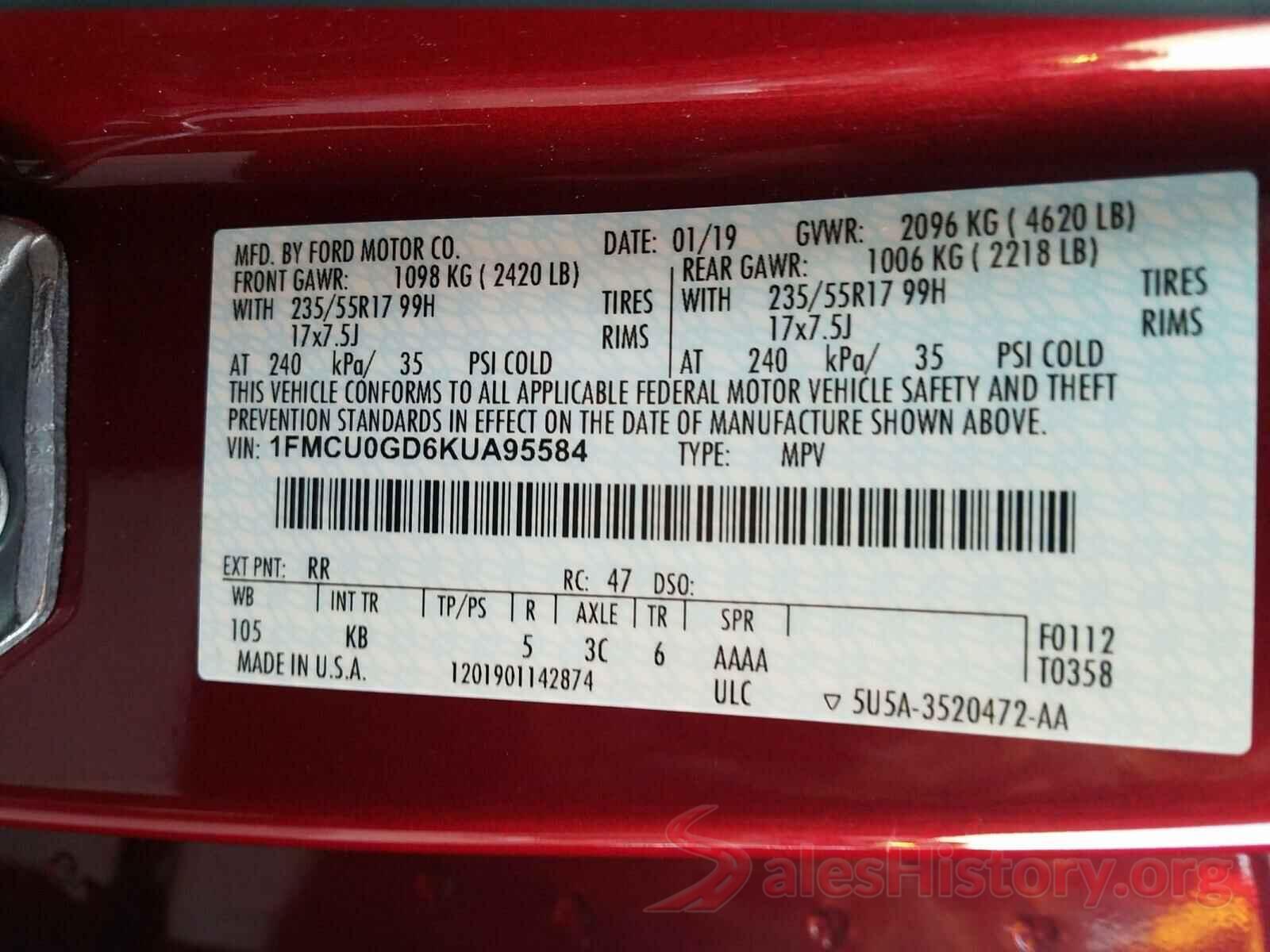 1FMCU0GD6KUA95584 2019 FORD ESCAPE